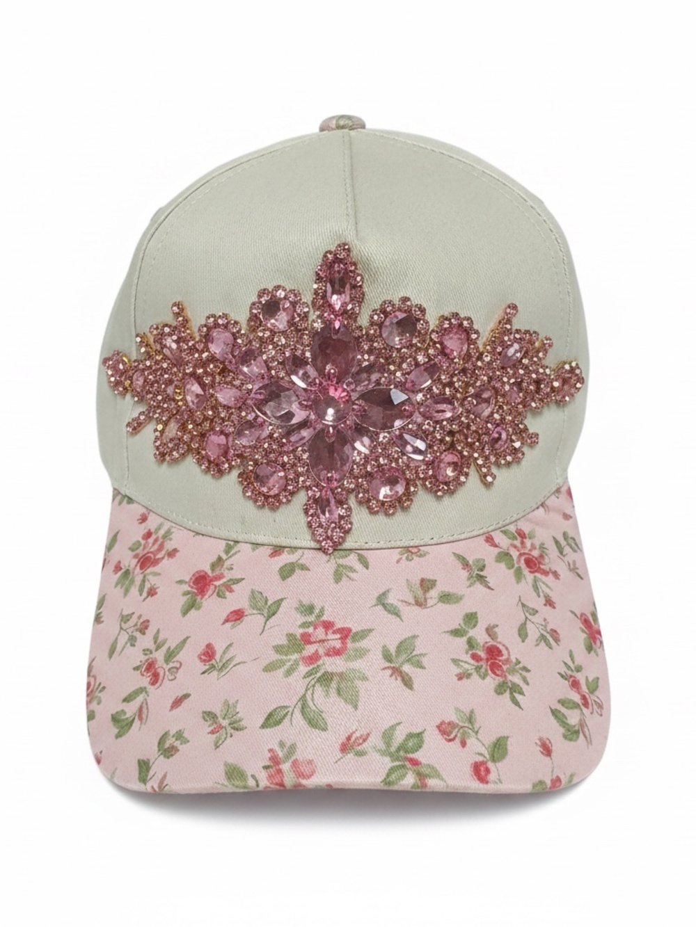 Boutique Floral Brim Blush Rhinestone Embellished Baseball Cap